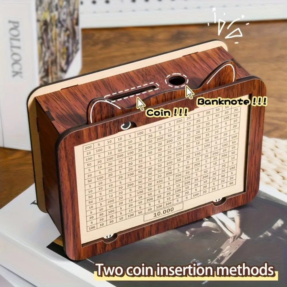 Wooden Money Saving Box Cartoon Cat Design Reusable Piggy Bank with Goals Counter Large Capacity Count Cash Vault
