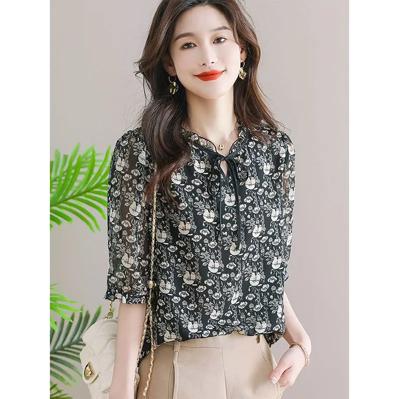 Women Clothes Summer Casual Fashion Simplicity Printing Thin Chiffon Shirts Women's Trend All-match Elegant Temperament Tops