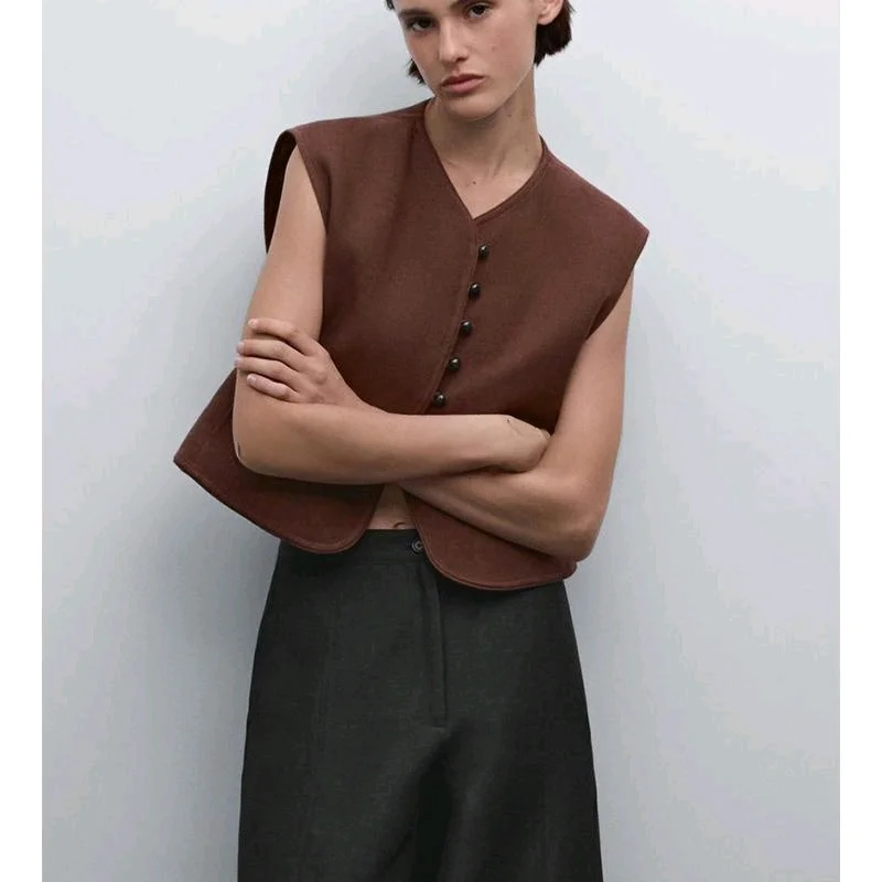 春の新作 レディース エレガントな白いスーツベスト 大人スタイル 中華風 新スタイル Vネック ショート丈 シングルボタン 無地