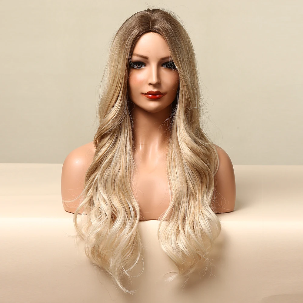 ALAN EATON Blonde Long Wavy Synthetic Wig for Women Natural Middle Part Wig Heat Resistant Soft Daily Hair Party Cosplay Use