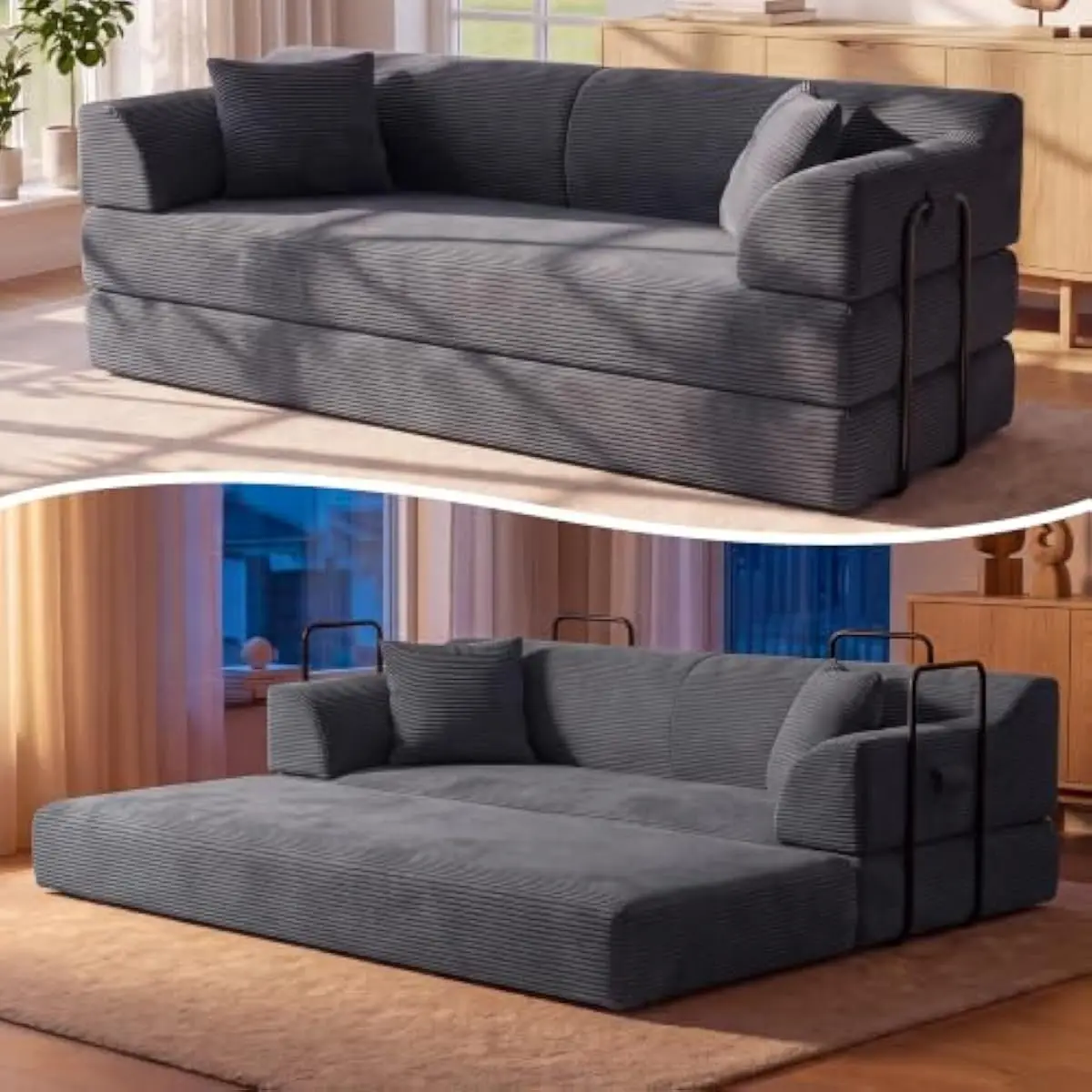 79 Inch Convertible Sofa Bed for Compact Living Spaces | Modern Dark Gray Corduroy Sleeper with High-Density Foam Core and Non-S