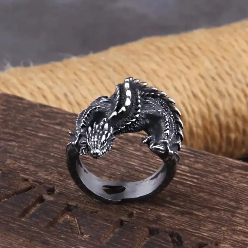 Viking Style Stainless Steel Huge Dragon Ring for Men Male Fashion Jewelry as gift with wooden box view 4
