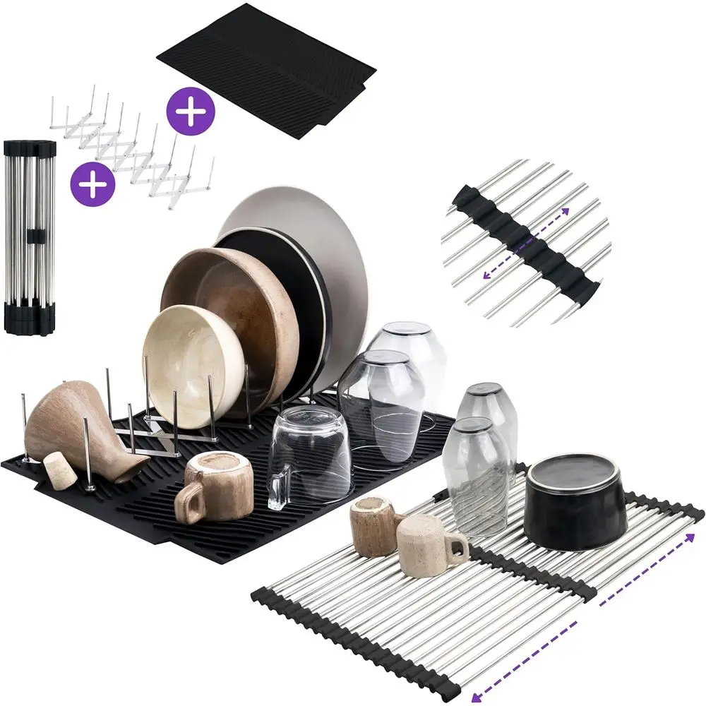 

3-in-1 Over Sink Dish Drying Rack – Roll-Up Sink Rack, Silicone Mat & olding Dish Rack – Multi-unctional, Space-Saving Kitchen O