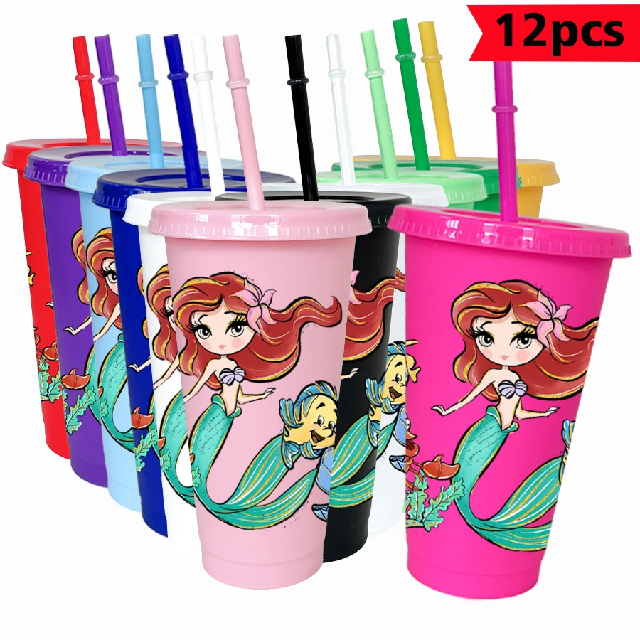 

12Pcs/pack Disney mermaid flounder 26oz colorful plastic tumbler birthday party drinking utensils juice coffee cup