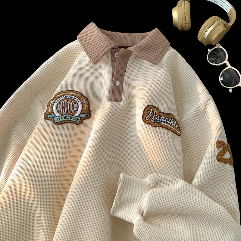 

Collared American retro heavyweight couple long-sleeve jacket with letter embroidery and collar, fashionable loose youth wear