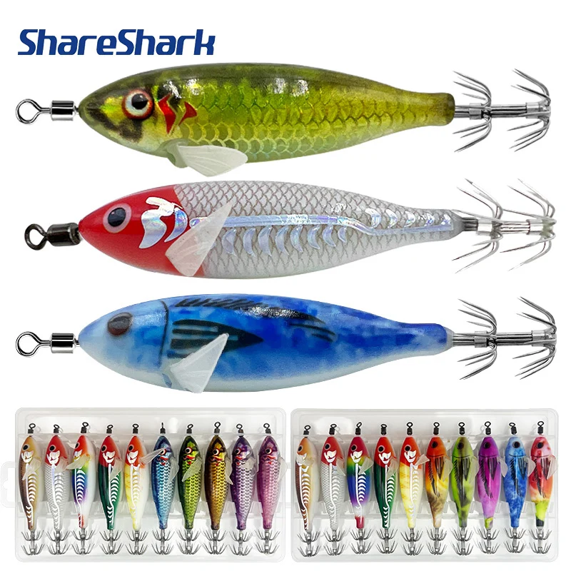 ShareShark 10 Stück/Box Leuchtende Tintenfisch-Köder mit Laserschuppen, Leuchtende Garnelen-Köder, geeignet für Tintenfische und Oktopus.