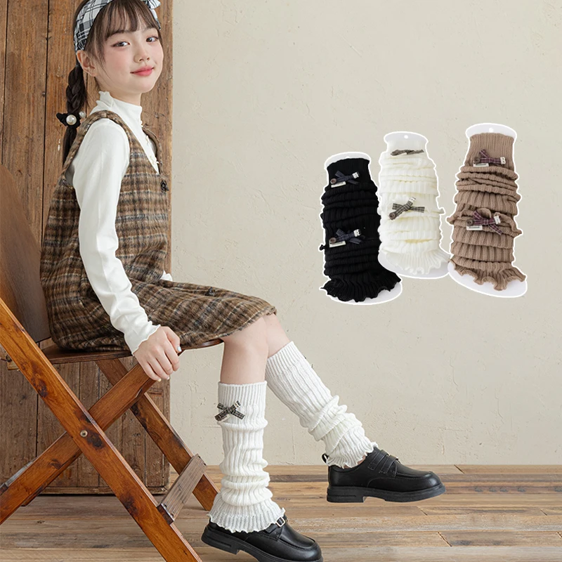 Cute Girls Slouchy Leg Warmers Elegant Solid Tone Vertical Stripe Plaid Bow With Button Decor Comfort Soft Elastic Sock Sleeves