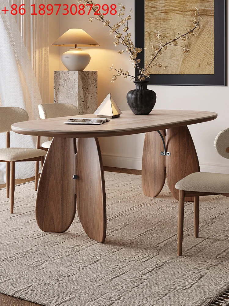 

Solid wood rock slab dining table household small apartment travertine medieval cream style oval table