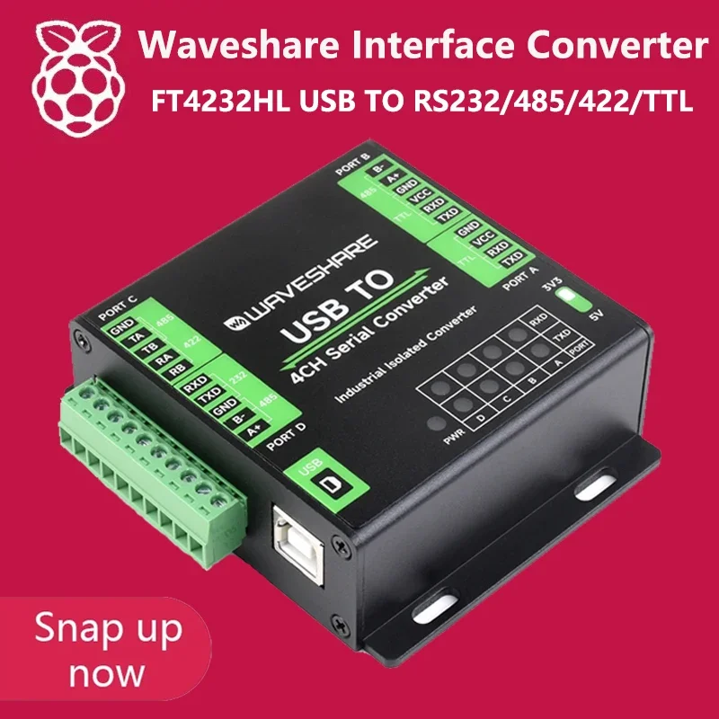 Waveshare Industrial USB To 4-Ch Serial Converter, Supports USB To RS232/485/422/TTL Original FT4232HL Chip