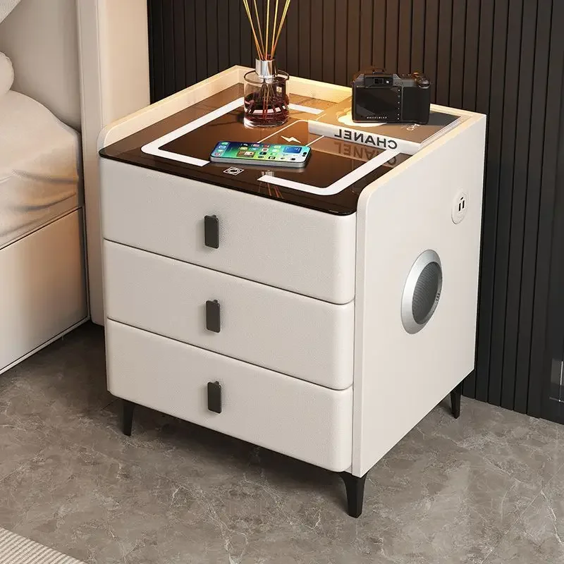 Modern simple smart solid wood bedside table light luxury multi-function wireless charging fingerprint lock bedroom bed with lam