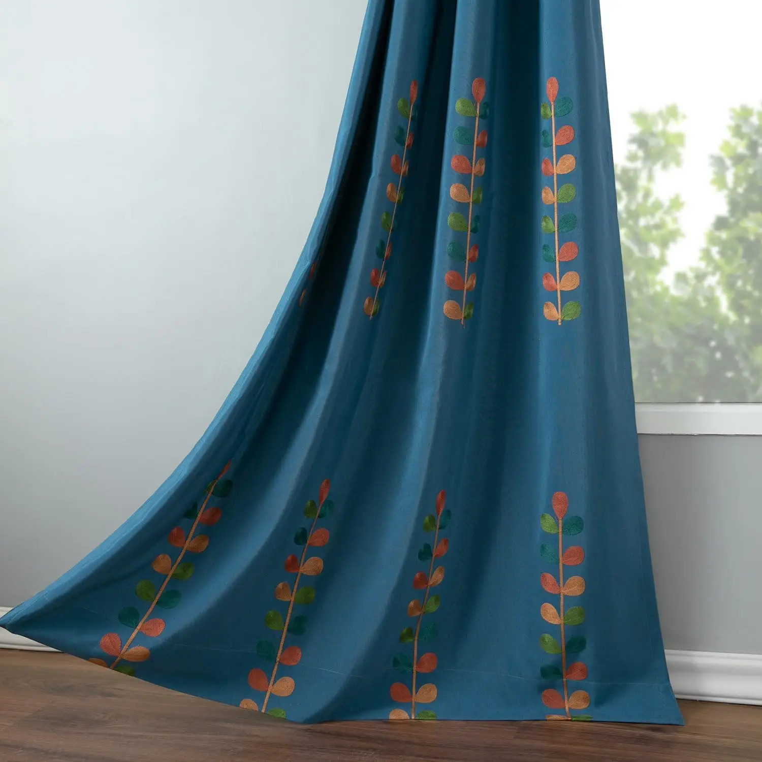 

Colorful Leaf Embroidered Curtains 84 in, Faux Linen Drapes for Living Room, 2 Panels, 52x84, Blue