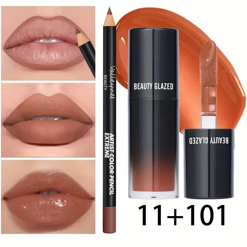 2pcs/Set Velvet Texture Lip Makeup,Matte Effect, Red, Brown Colors, Create a Moisturizing and Natural Lip Makeup