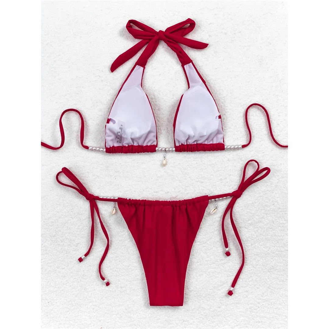 Perlen-Neckholder-Bikini mit hohem Beinausschnitt und Riemchen, Damen-Badebekleidung, zweiteiliger Bikini-Set, Badeanzug, Badebekleidung, Schwimmbikini V6290 – Detail 11