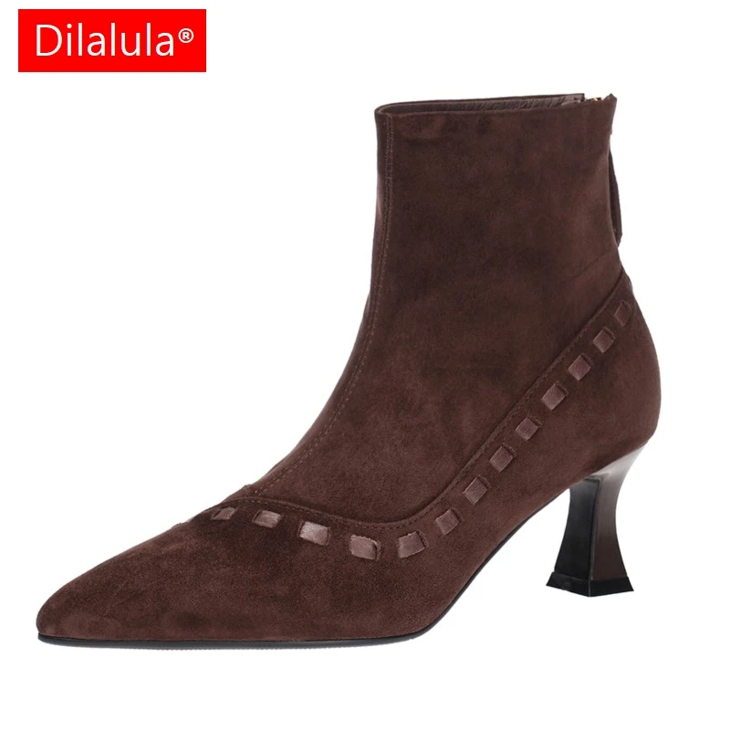 

Dilalula/2026, элегантные женские замшевые короткие сапоги из натуральной детской кожи, офисные женские туфли на тонком высоком каблуке с острым носком, модельные осенние сапоги в стиле ретро