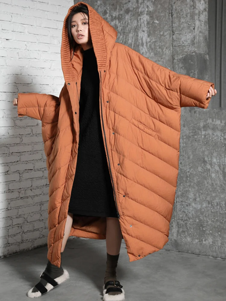 EAM Caramel Big Size Bat-shaped Thick Down Jacket New Hooded Long Sleeve Warm Women Parkas Fashion Autumn Winter 2026 30A5268