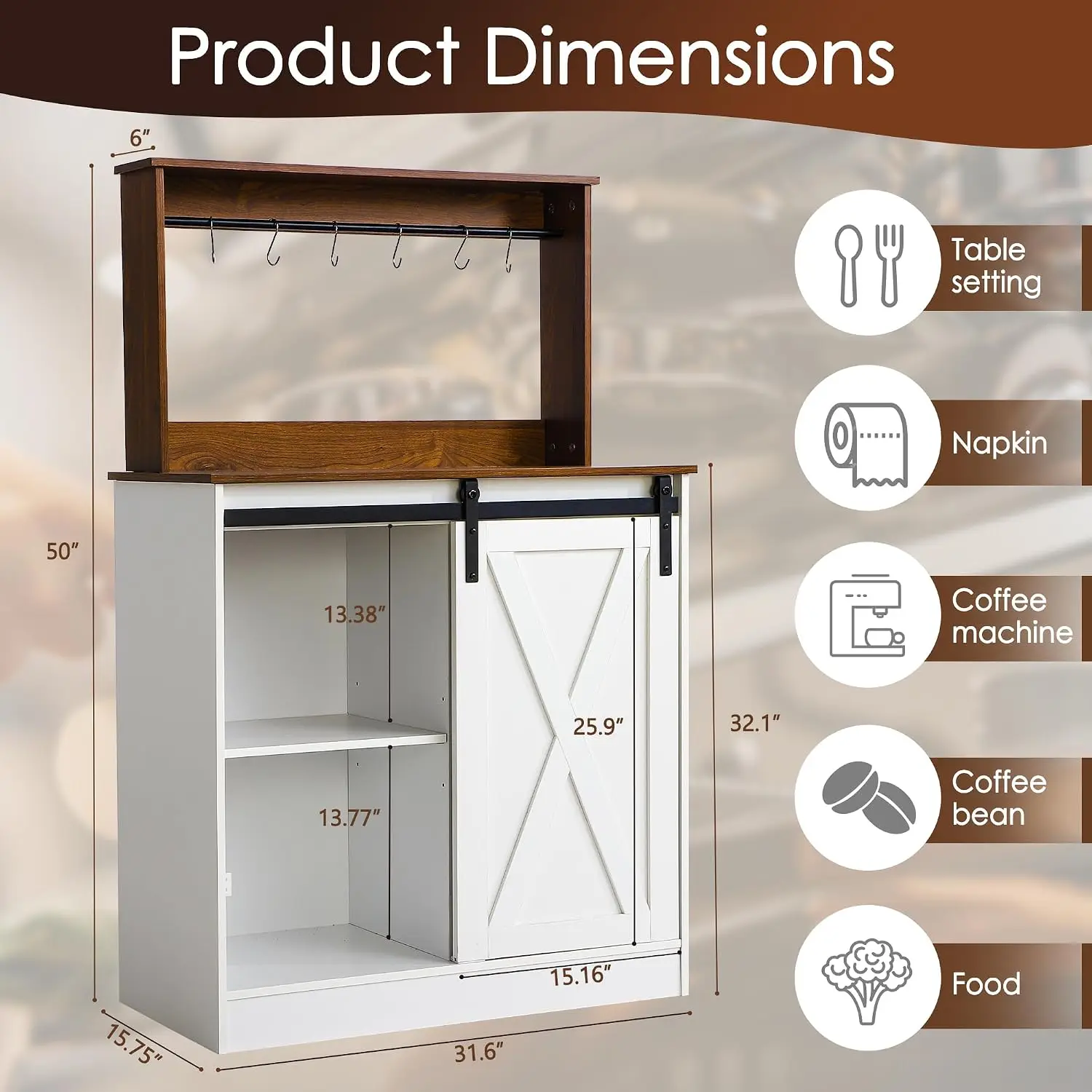 Farmhouse Coffee Bar Cabinet Sliding Barn Door Storage Kitchen Buffet Sideboard 55