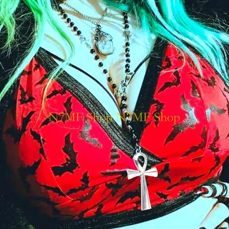 N7MF ANKH BLACK ROSARY BADS BAT NETLACE GOTHIC LONG SWEEAT JOLLEYRY #3