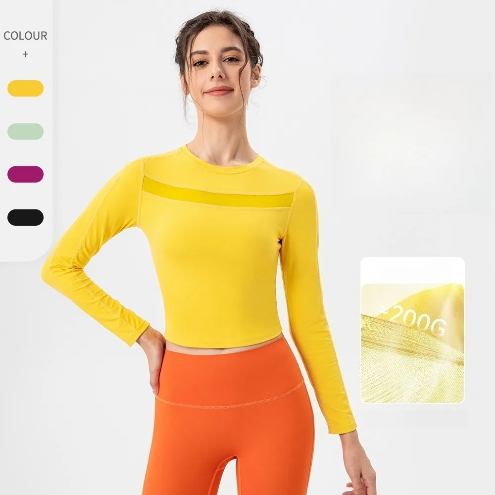Women Autumn Long Sleeve Yoga Top, Mesh Splice Skin-Friendly Breathable Shirt, Running Fitness Workout Wear