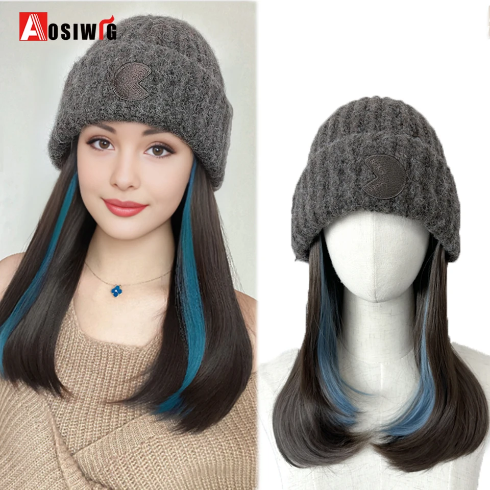 Off White  Hat Wig Beanies Hat With Hair Wigs For Women Synthetic Short Straight Hair Warm Ski Plush Knitted Autumn Winter Cap W