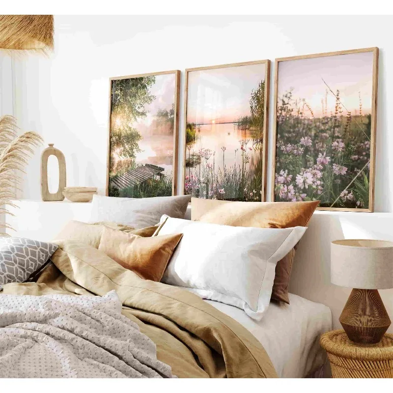 3-teiliges Natur-Wandbild, Wildblumen-Landschaft, Großformatige Leinwand, Blumenfotografie, Frühlings-Kunstdruck, Wald-Poster Wandkunst