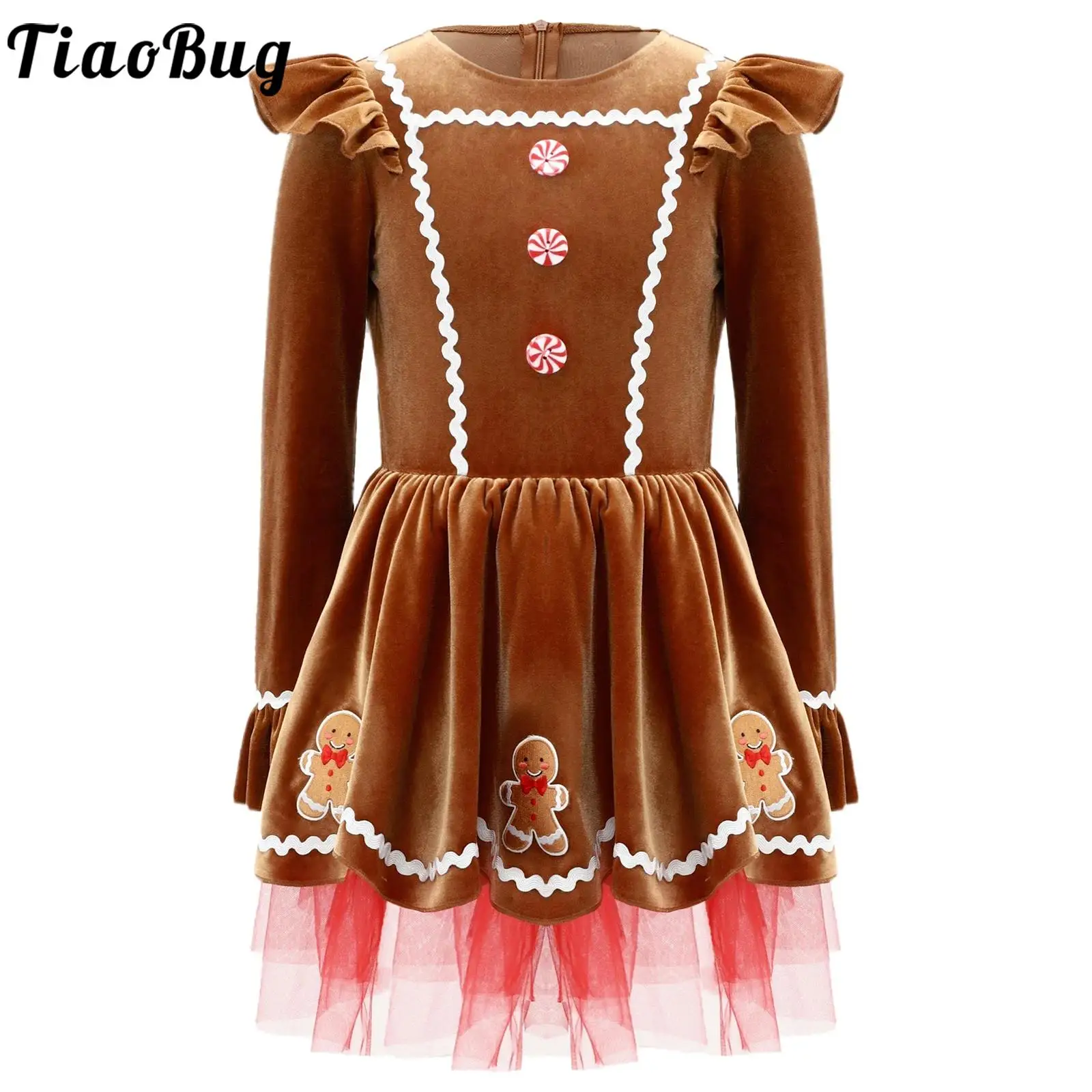 Girls Christmas Gingerbread Man Cookie Cosplay Costume Long Sleeves Mesh Tutu Dress Holiday Party Ballet Dance Skating Leotard