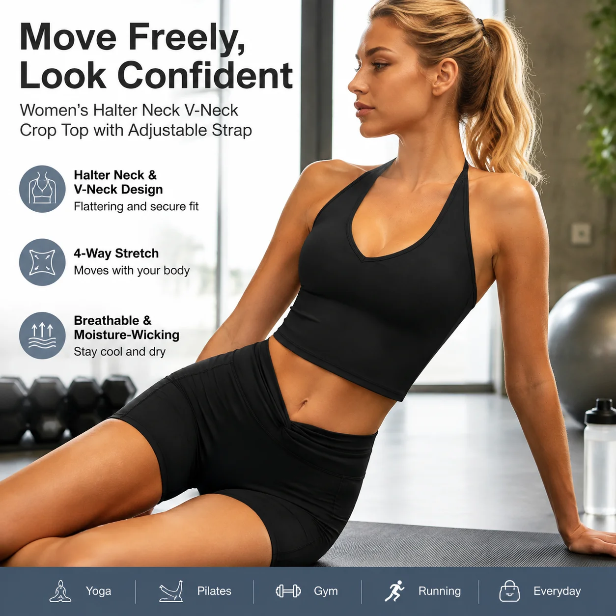 Women's Halter Neck V-Neck Crop Top Adjustable Spaghetti Strap Brushed Nylon Workout Tank Top with Removable Pads S-XL