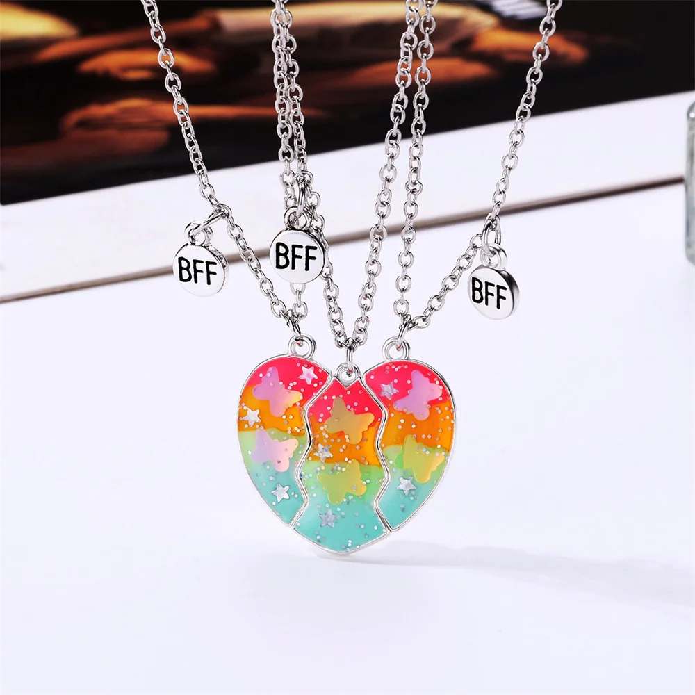 3Pcs Cute Butterfly Heart Magnet Necklace for Women Korean Fashion Broken Heart Clavicle Chain BFF Best Friends Jewelry Gifts