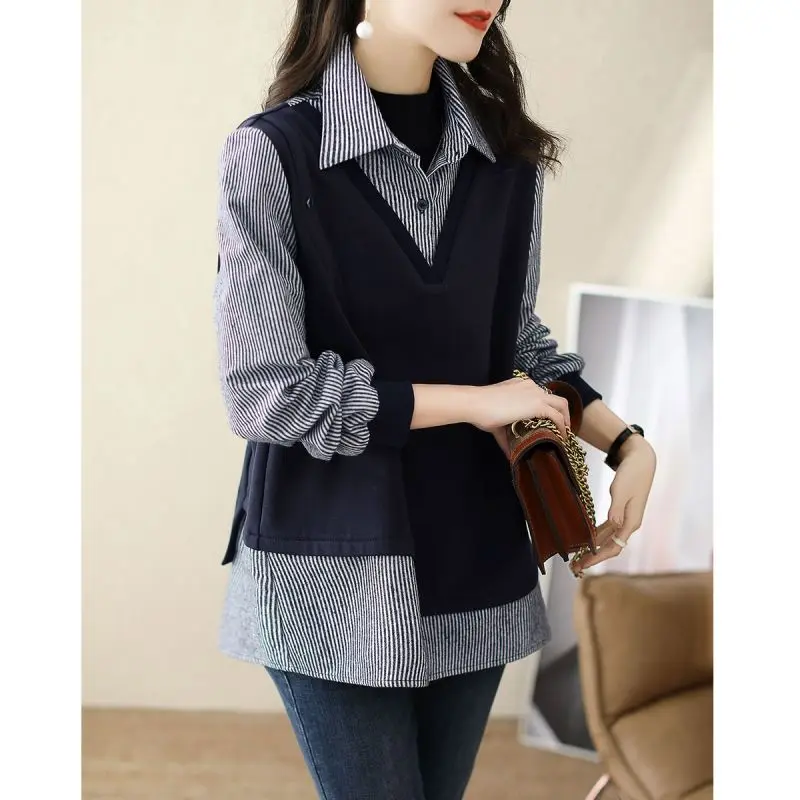 Stylish Lapel Button Spliced Fake Two Pieces Striped Blouse Women Clothing 2022 Autumn New Casual Pullovers Loose Commute Shirt