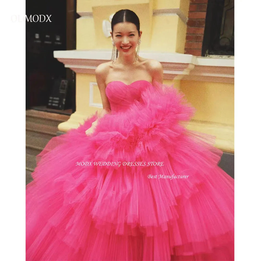 MODX Luxury Hot Pink Ruffles Tiered Evening Dresses Wedding Party Photoshoot Sweep Train Formal Occasion Gowns Fluffy Skirt