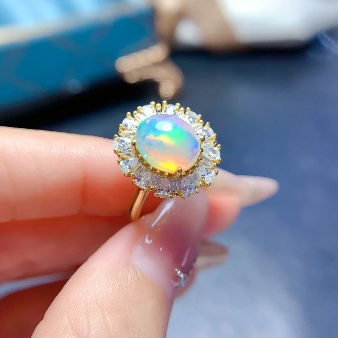 Luxury 925 Silver White Opal Ring for Party 8mm*10mm Natural Australia Opal Ring with Gold Plated Woman Birthday Gift