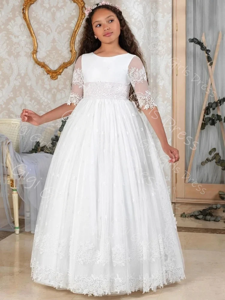 

White Lace First Communion Dress Half Sleeves Keyhole Back Princess Flower Girl Dress with Ribbon Kids Custom Wedding Party Gown