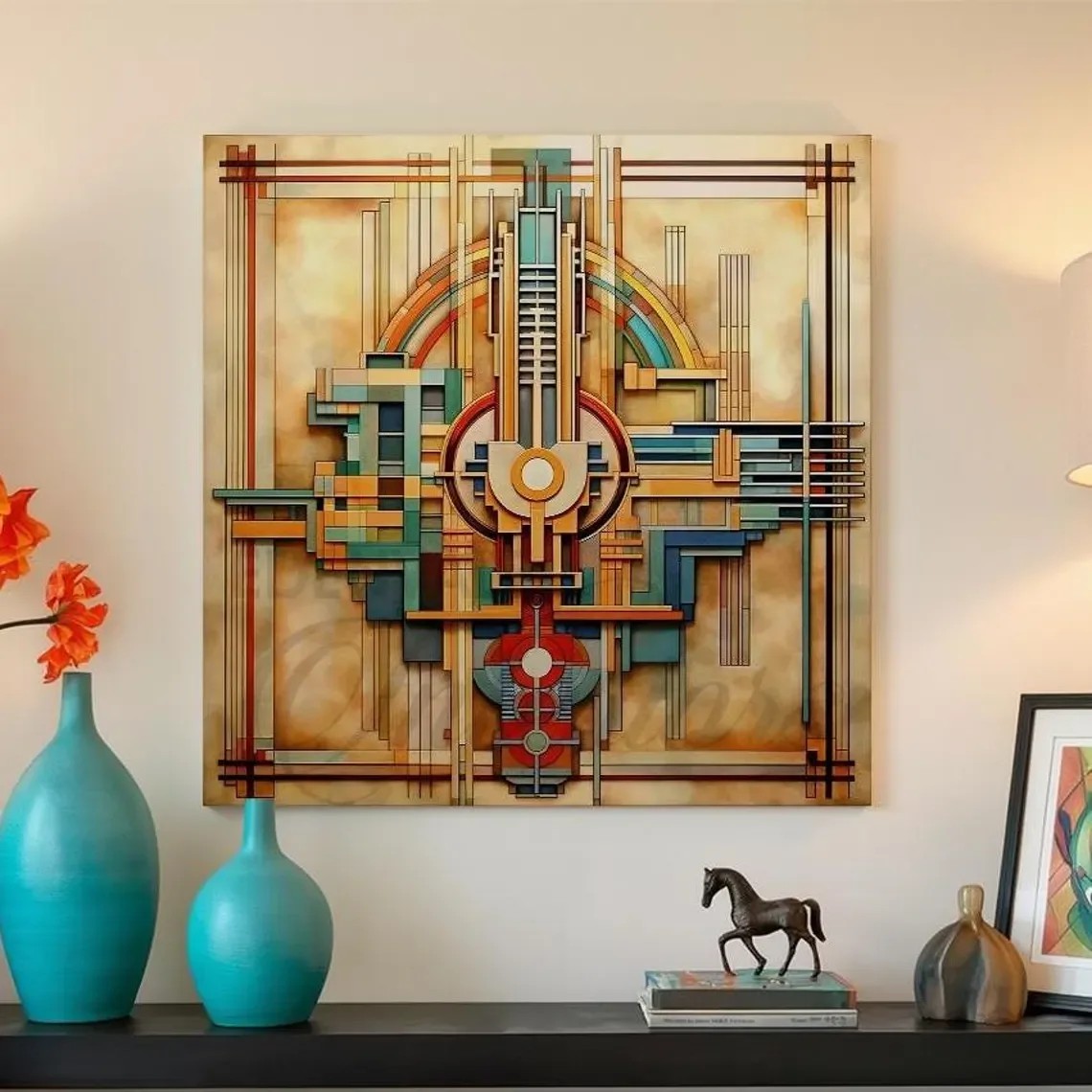 CANVAS | Frank Lloyd Wright Inspired Mid Century Modern Wall Art | Geometric Retro Vintage Abstract Home Decor