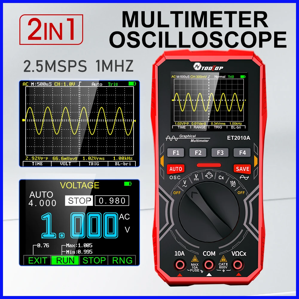 TOOLTOP ET2010A 2.5MSps 1MHz Digital Oscilloscope Multimeter 2 in 1 Laboratory Oscilloscope Electrical Repair Oscilloscope