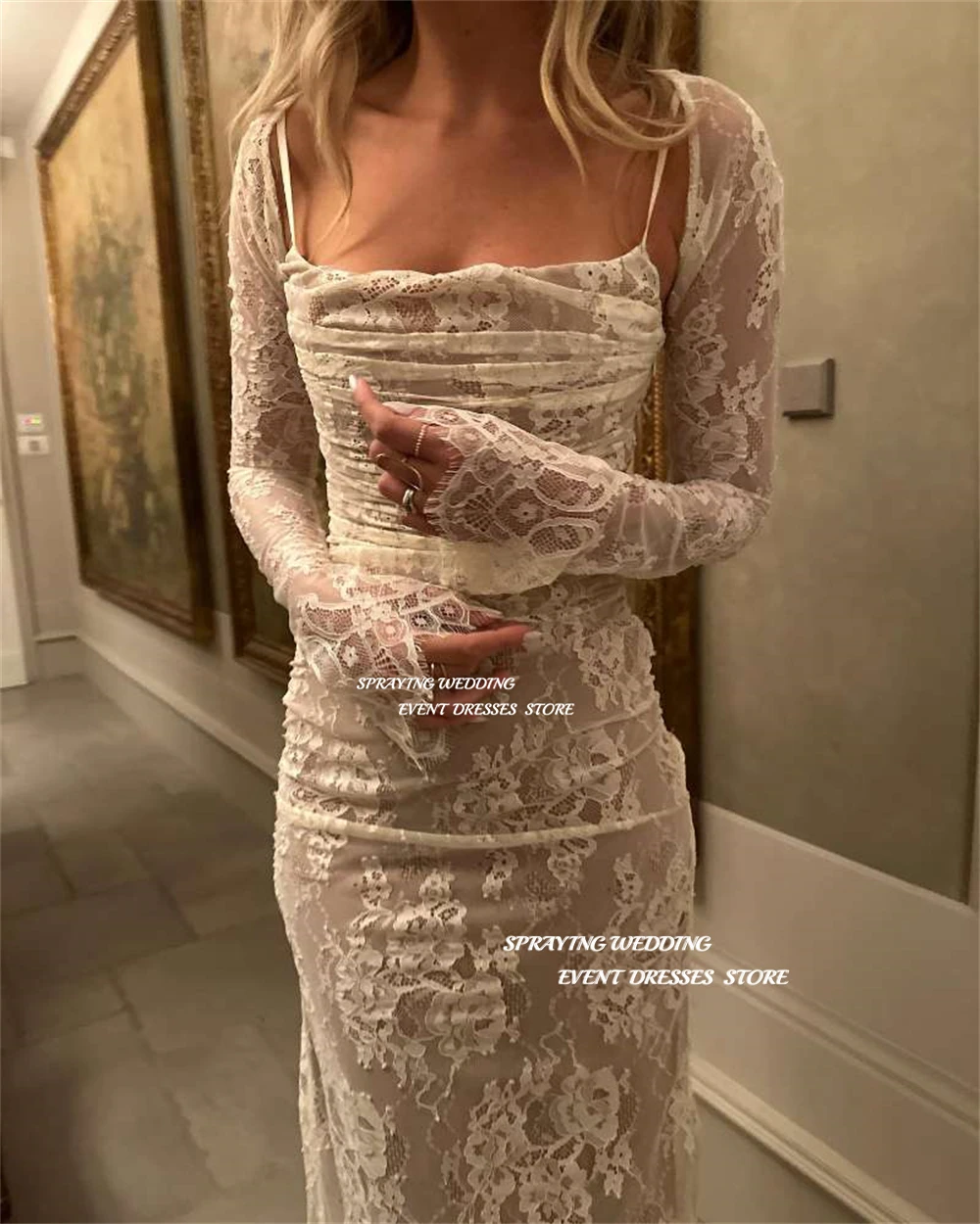 

SPRAYING Elegant Lace Mermaid Wedding Dress Long Sleeve Square Neck Bridal Gown Saudi Arabia Floor Length Robe De Mariage