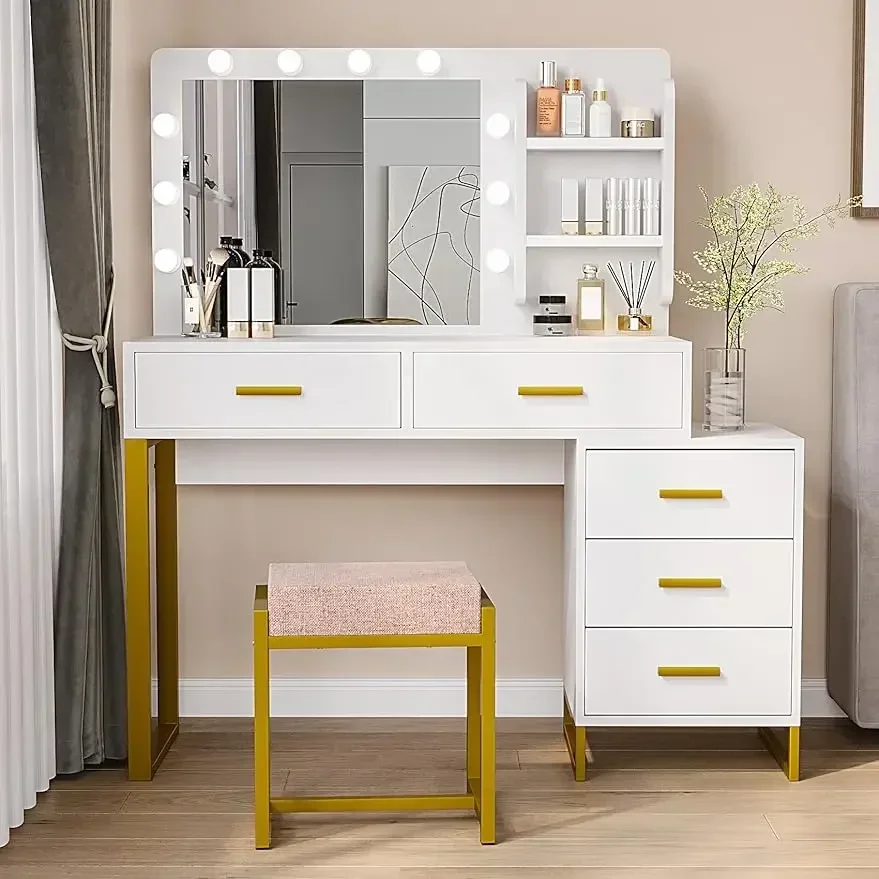 

Semiocthome Makeup Vanity Desk with 10 LED Lights Mirror and 5 Drawers, 2 Open Shelves Dressing Table with Side 3-Drawer Chest