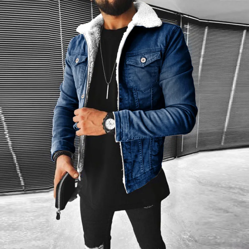Men's Thickened Denim Jacket Winter New Coat with Lamb Wool Style Warm Casual Outerwear for Men