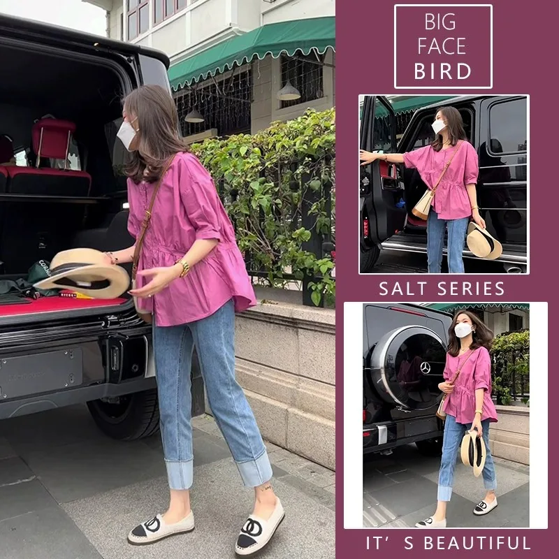 

Summer Fashion plus Size Women's Shirt And Jeans Set Tea Color Slimming Top Bottoms Two Piece Ensemble Short Sleeve
