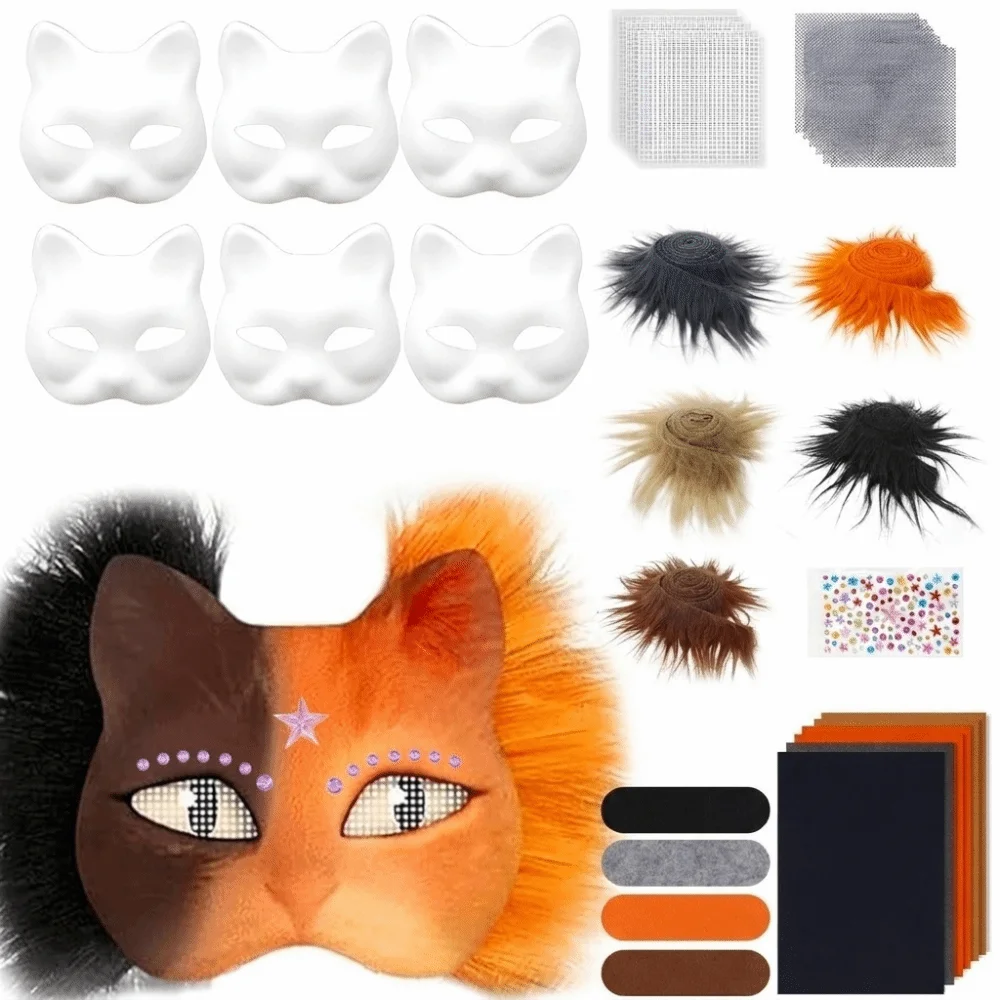 DIY Kit Blank Cat Mask Making Kit Fabric Straps Paper Mache Animal Half Face Mask Plush Faux Fur Mesh Stickers