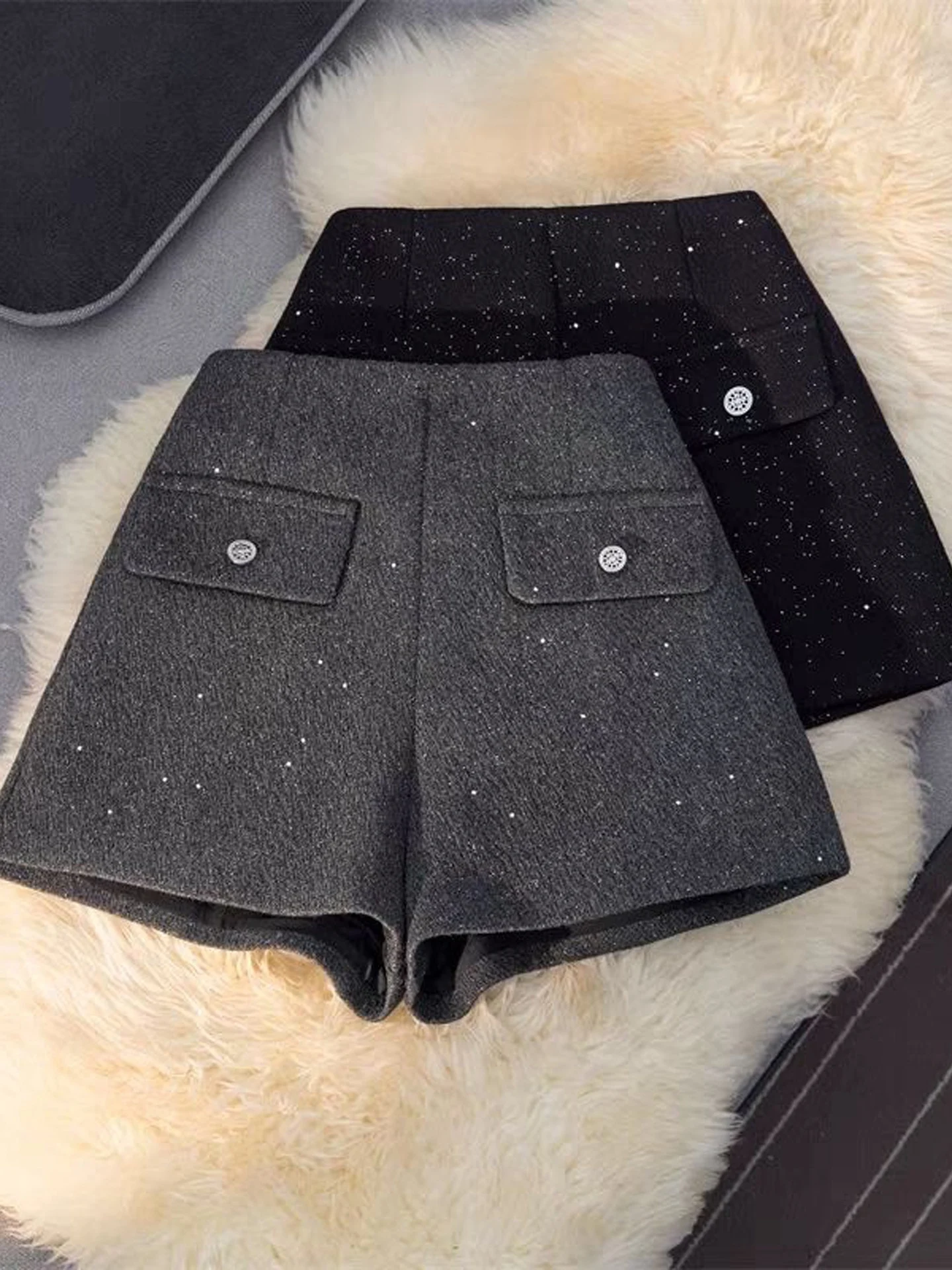 Shiny Short Pants Women's Miniature Autumn Winter New Woolen High Waist A-Line Wide Leg Pants Sequin Boot Pants Luxury Style