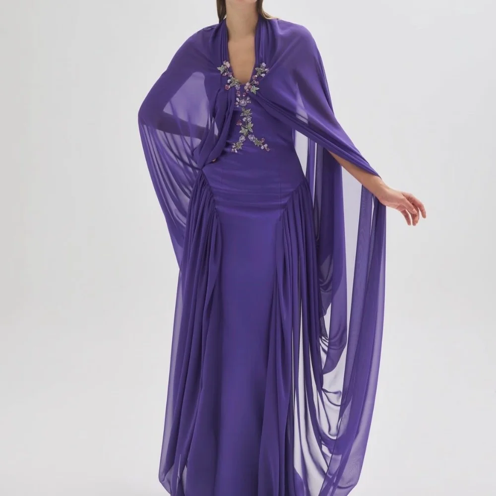 Vestidos largos de noche con cuello en V para mujer, vestidos largos personalizados de estilo moderno con apliques de Jersey morado y lentejuelas, Pastrol