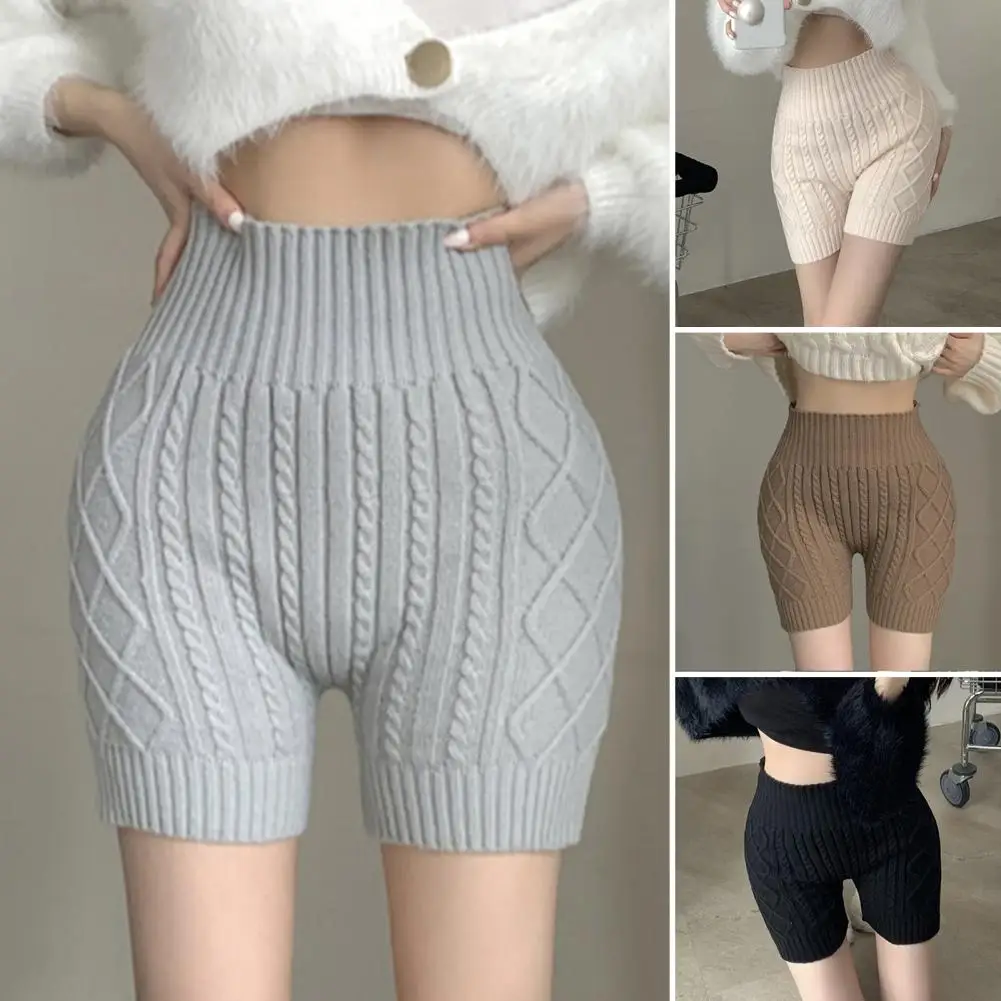 

Women High Waist Knitted Shorts Cozy Knitted High Waist Women's Winter Shorts for Wear Home Solid Color Anti-exposure Bottoming