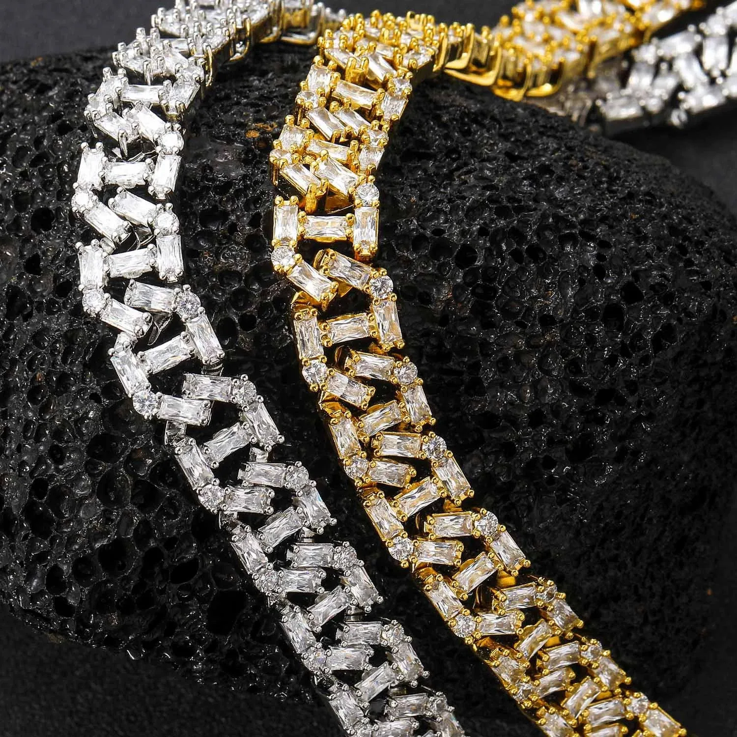 Iced Out Baguette Cubic Zirconia Tennis Chain Gold Plated Rectangle Stone Hip Hop Men Women Statement Necklace