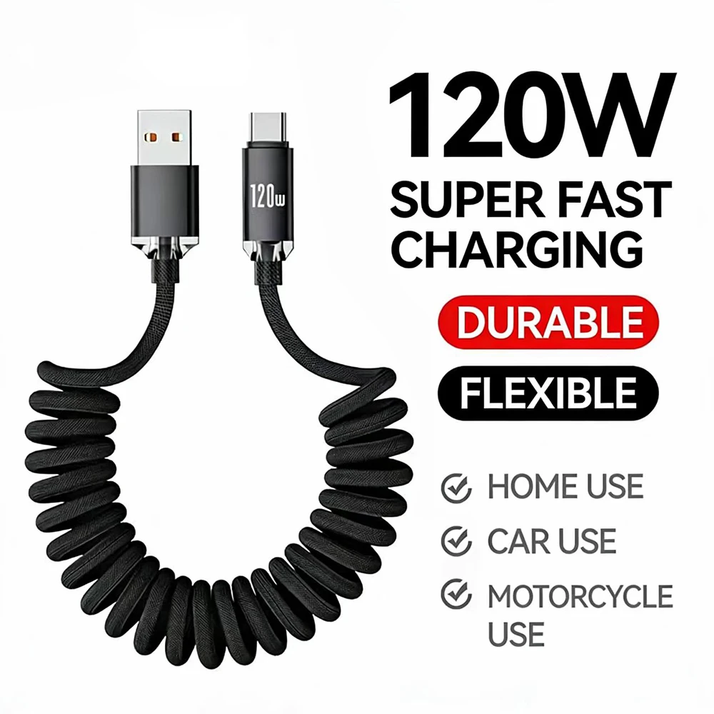 120W Car USBA to USB C Fast Charging For Samsung S26 Xiaomi Huawei USBC To UAB C Spring Telescopic Cable For iPhone 17 16