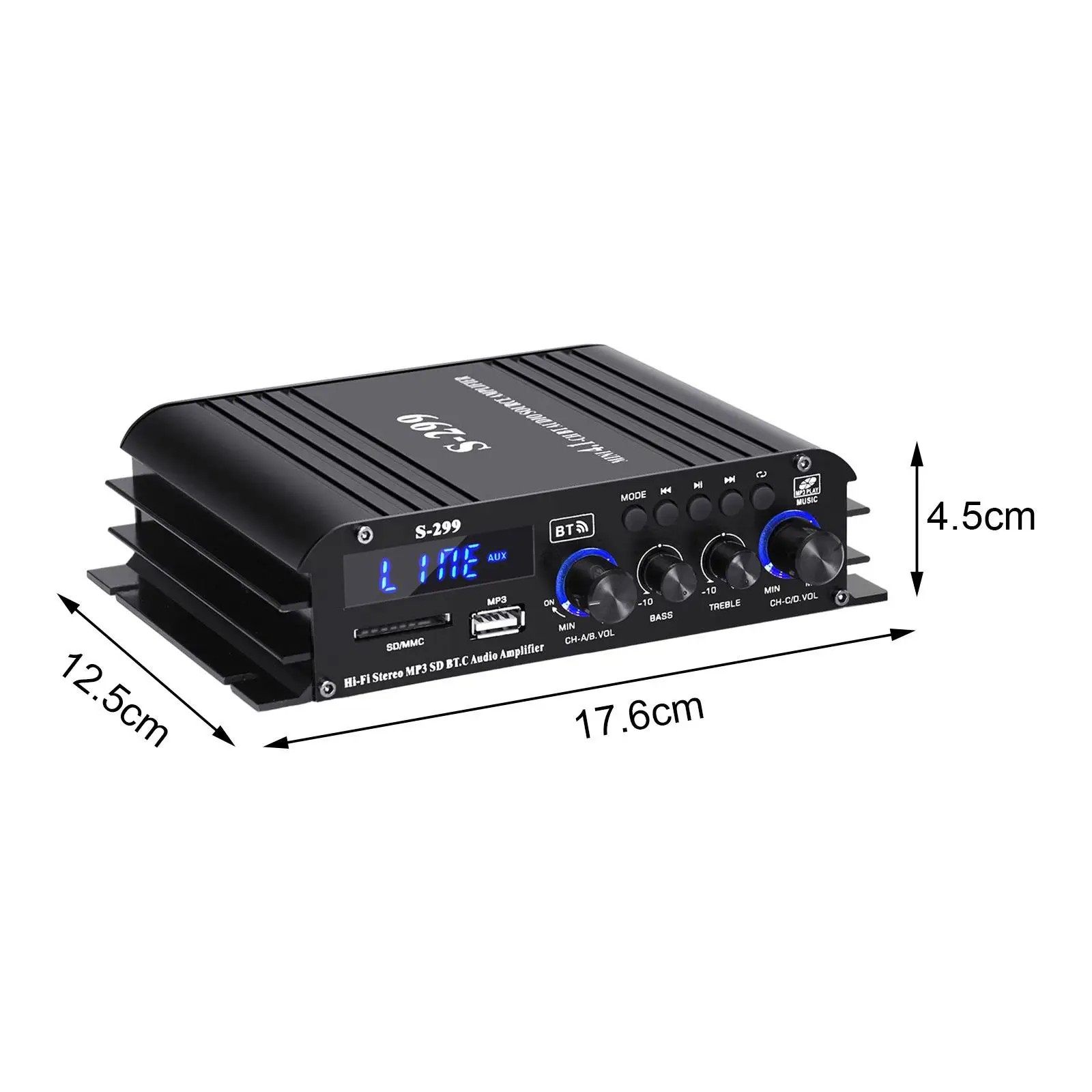 Audio Power Amplifier for Car Home Bar Party Portable USB AUX BT SD 4.1 Channel HiFi Stereo Amp MP3 Volume Adjustment 40wx4