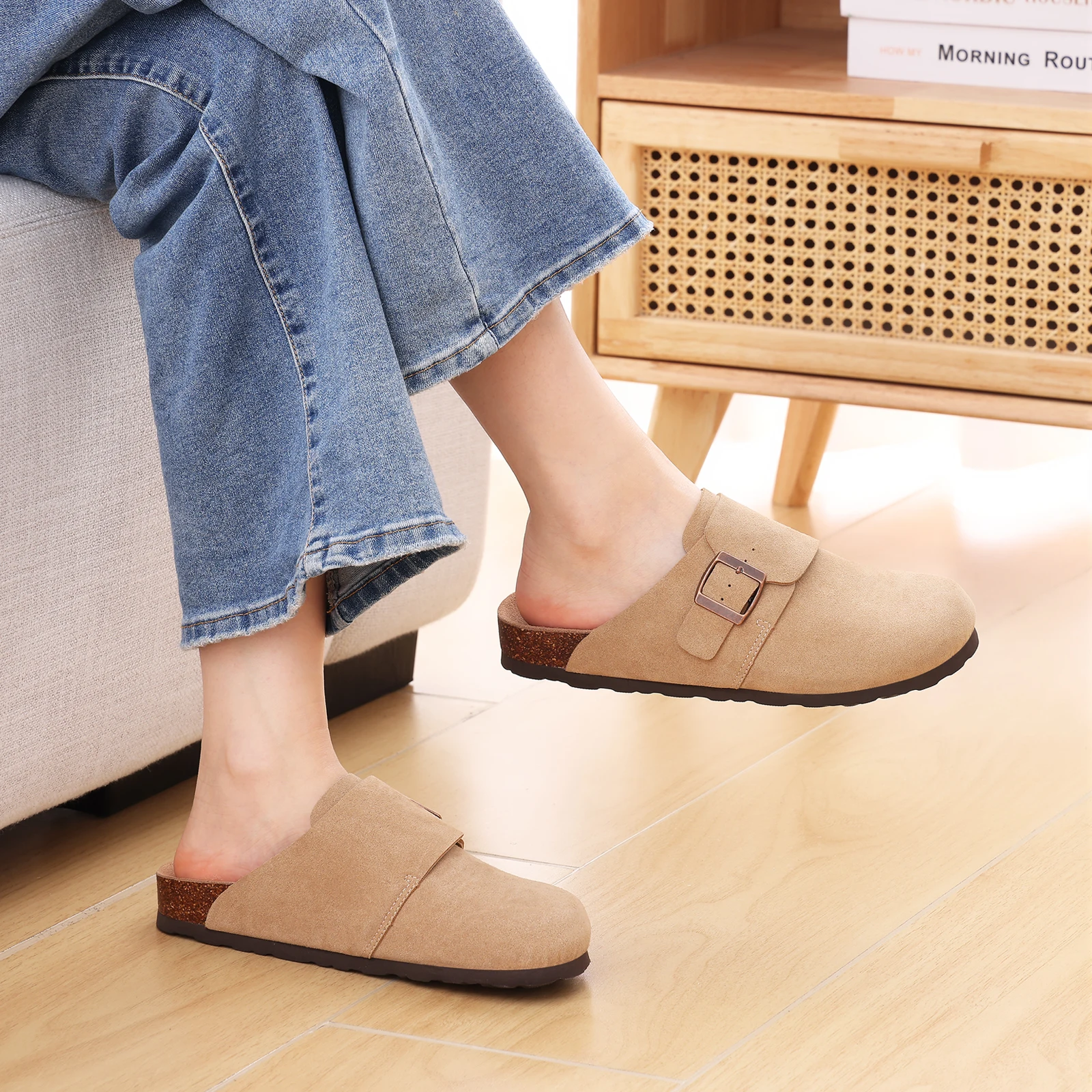 

Shevalues 2025 New Mules For Women Cork Insole Outdoor Beach Slippers With Adjustable Buckle Cow Suede Soft Sole Women's Sandals
