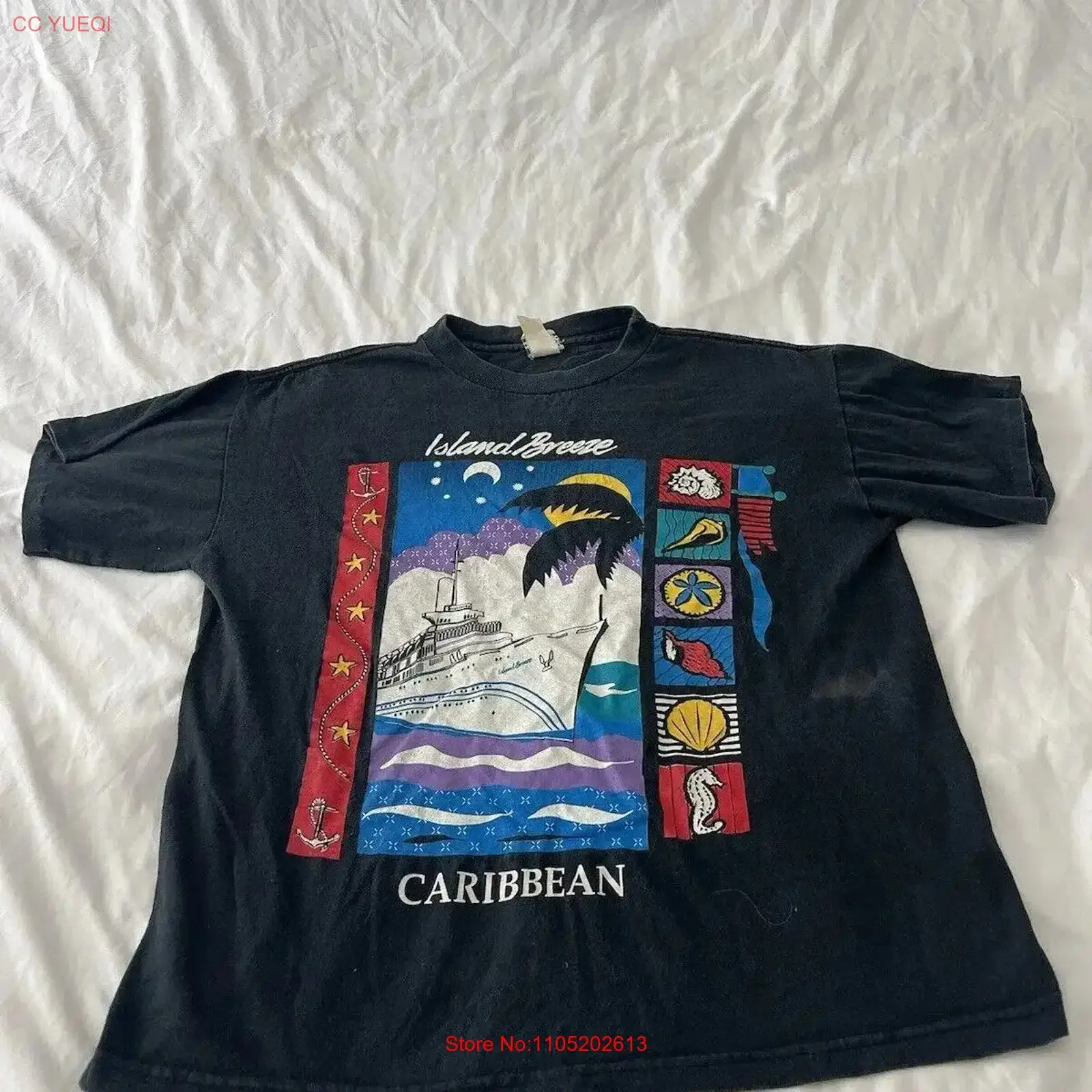 

Винтажная футболка 90-х годов «Карибский отдых», мужская средняя футболка 376, винтажная стираная мужская уличная одежда с рисунком, топ для повседневной носки, стильный
