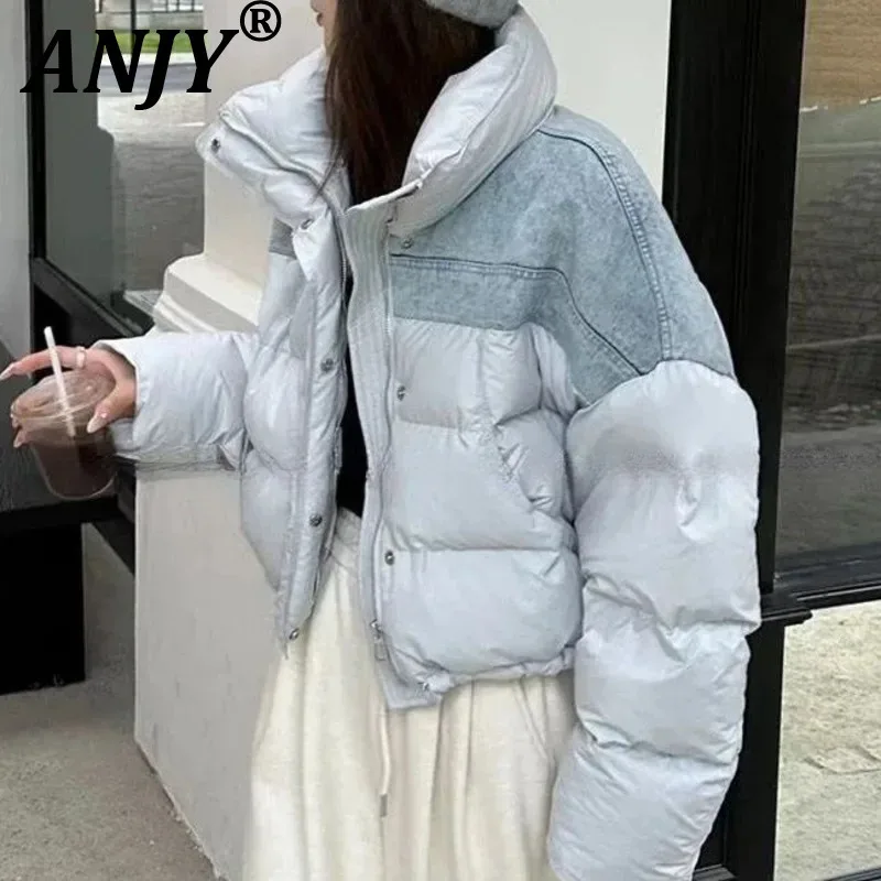 

ANJY Autumn Winter New Women Tide Niche Stand Collar Denim Patchwork Trendy Jacket Fashion Punk Slim Padded Coats Ins Y2K A15719