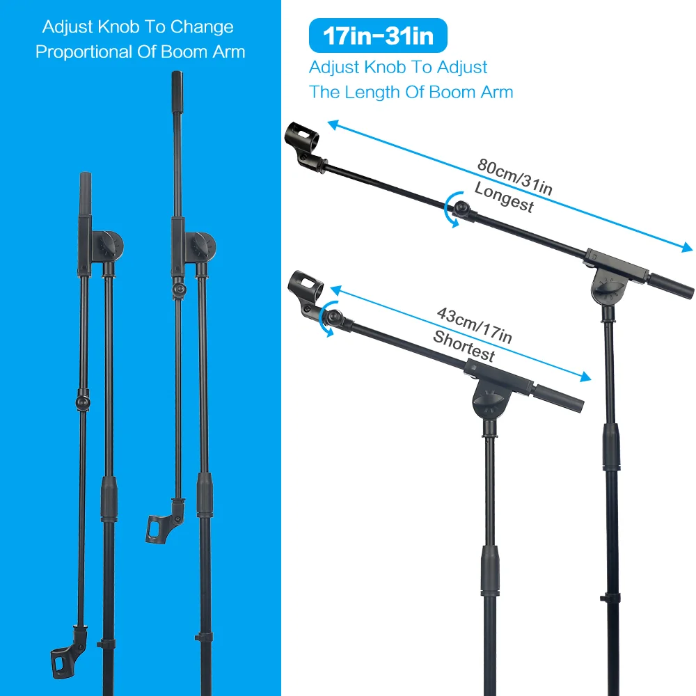 Microphone Stand Foldable Heavy Duty Tripod Karaoke Stands Floor Adjustable Boom Arm Length from 17'' to 31'' with Holder Clip