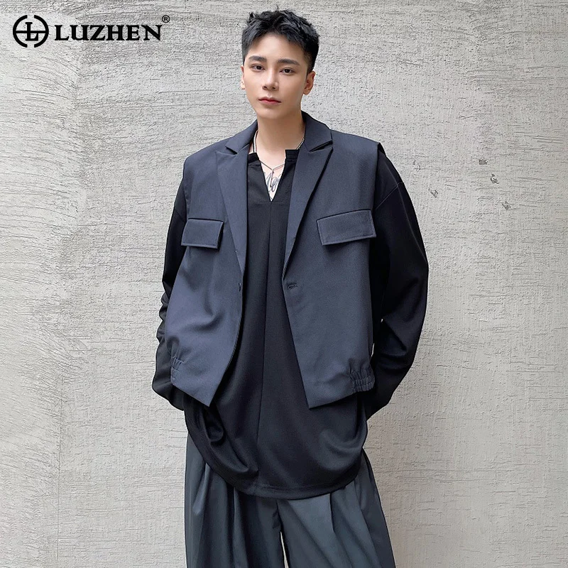 

LUZHEN Personality Splicing Solid Color Trendy New Sleeveless Vests 2024 Original Elegant Handsome Korean Men's Waistcoat LZ3025