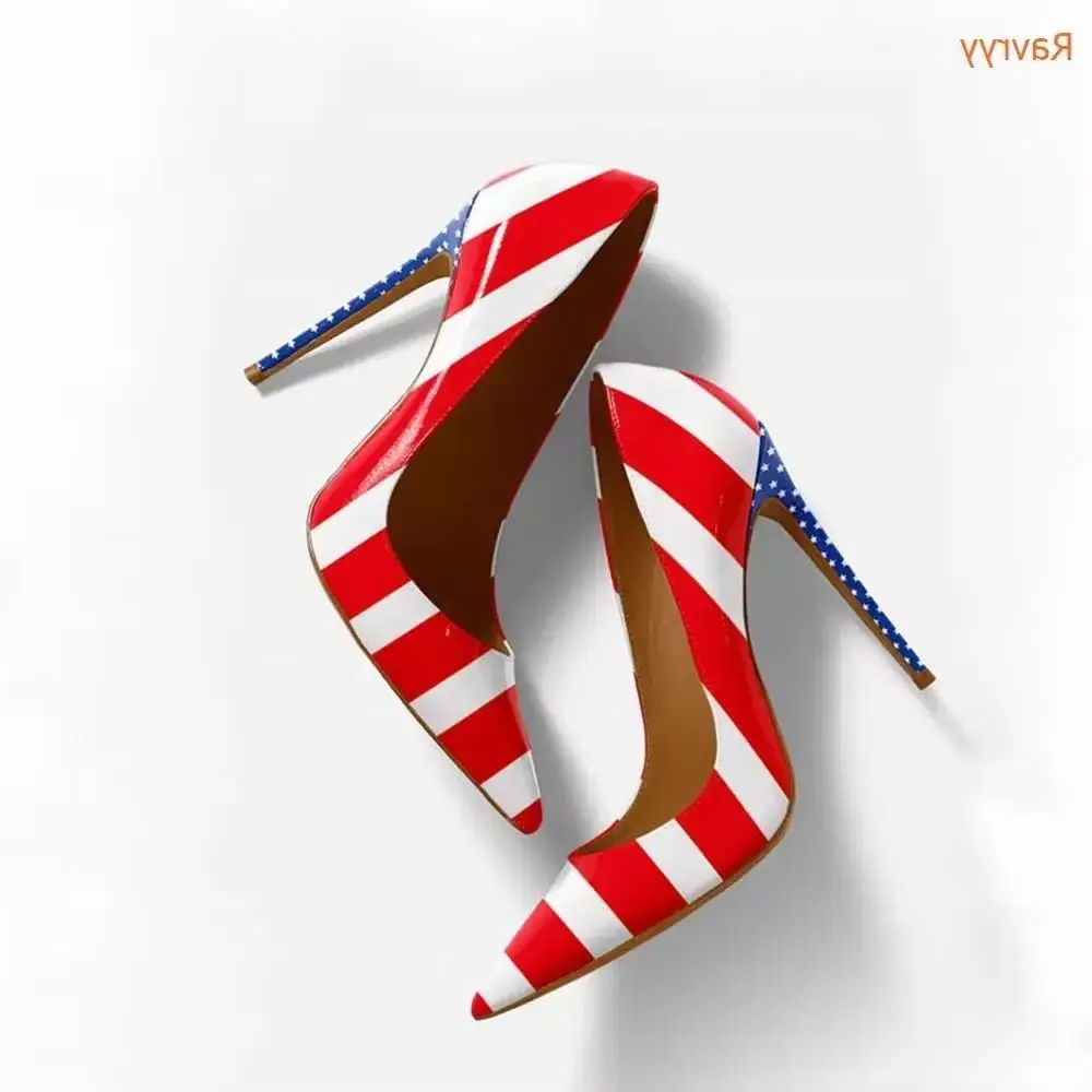 American Flag Prints Thin Heels Shoes Pointed Toe Patent Leather Women Shoes Slip On Pumps Shallow Party Fashion Shoes